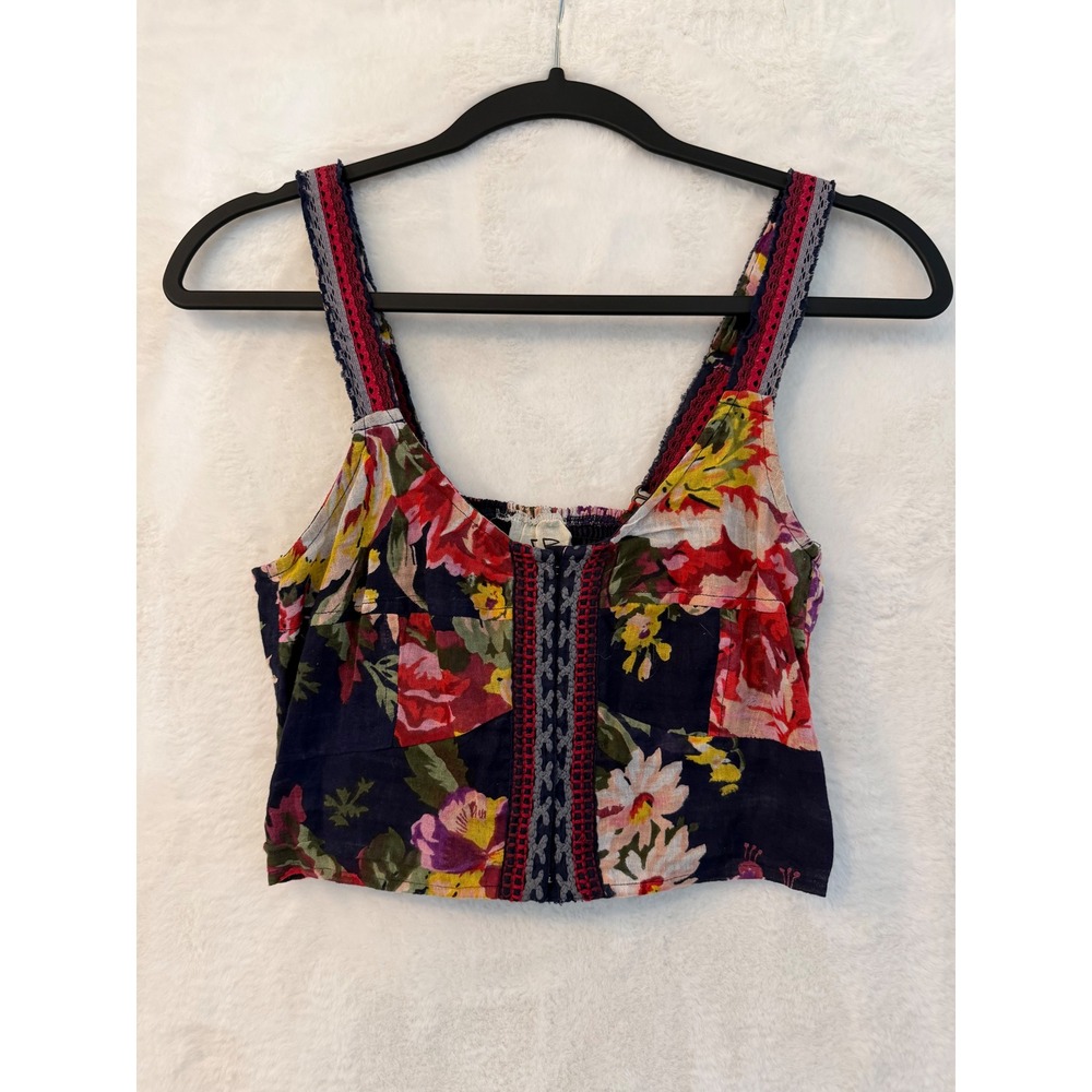Free People FP One Floral Crop Top Womens Medium Patchwork Embroidered Boho Navy